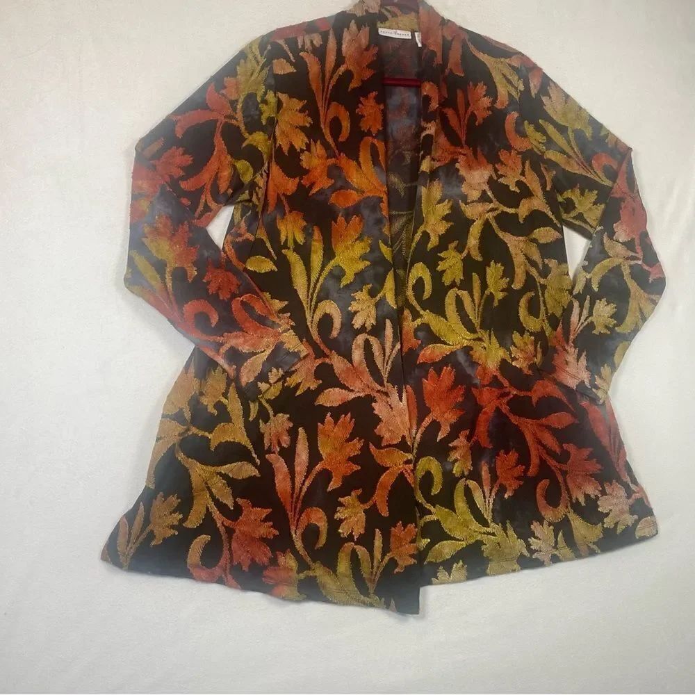 Susan Graver Open Front Floral/Leaf Fall Colors Cardigan Size Large